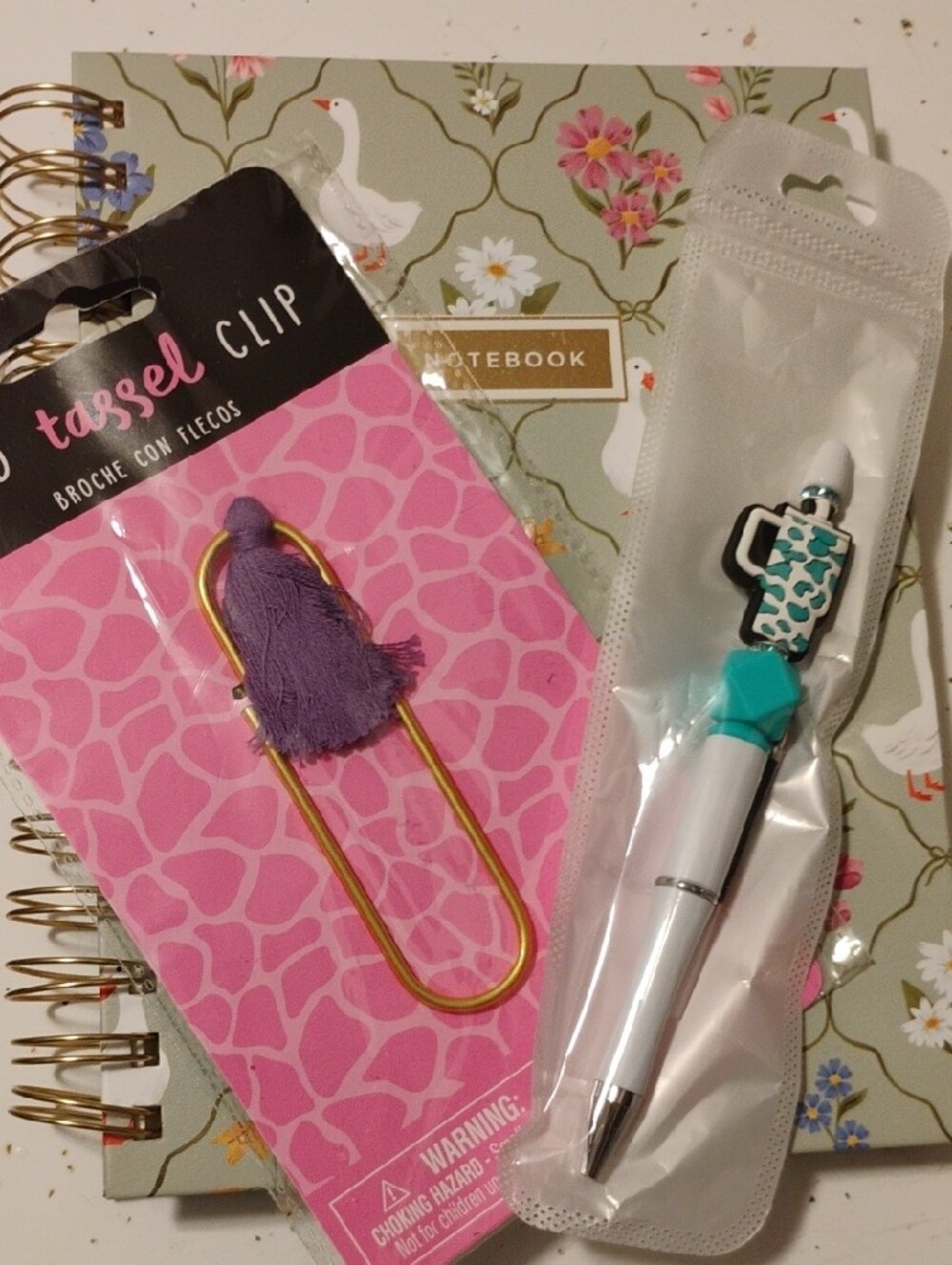 3pc-Duck & Floral Spiral Notebook Tassel Clip & Tumbler Pen Set 🩷💚